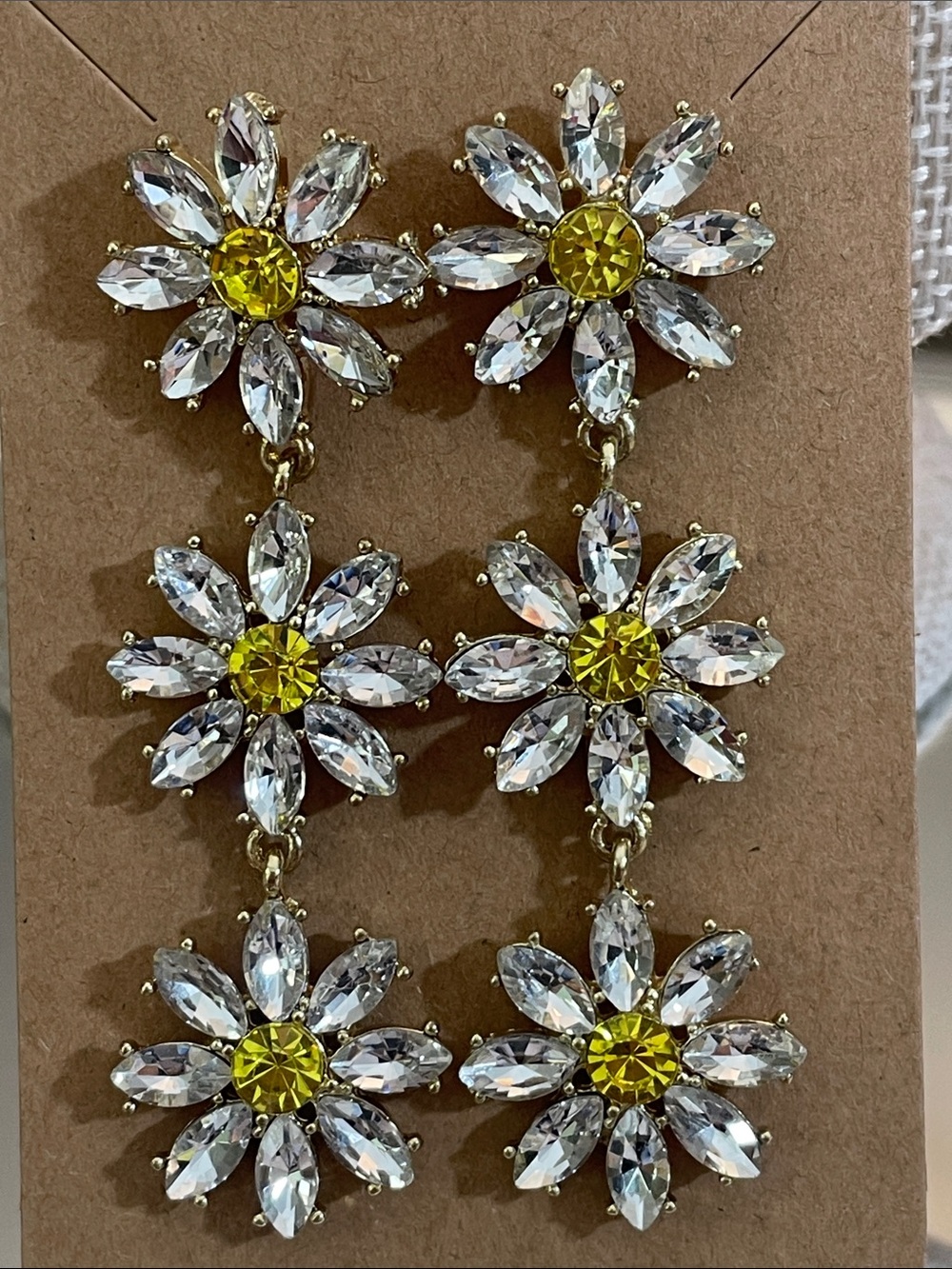 Gold Floral Drop Post Earrings w/ Yellow Centers Crystals and Clear Petals 2.75”